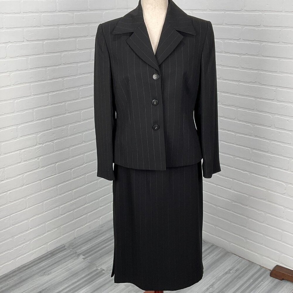 Stresa Skirt Suit Women 12P Black White Chalk Stripe Classic Career‎ NWT 2pc